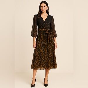 DKNY Leopard Print Chiffon Midi Dress Brown Black Size 10